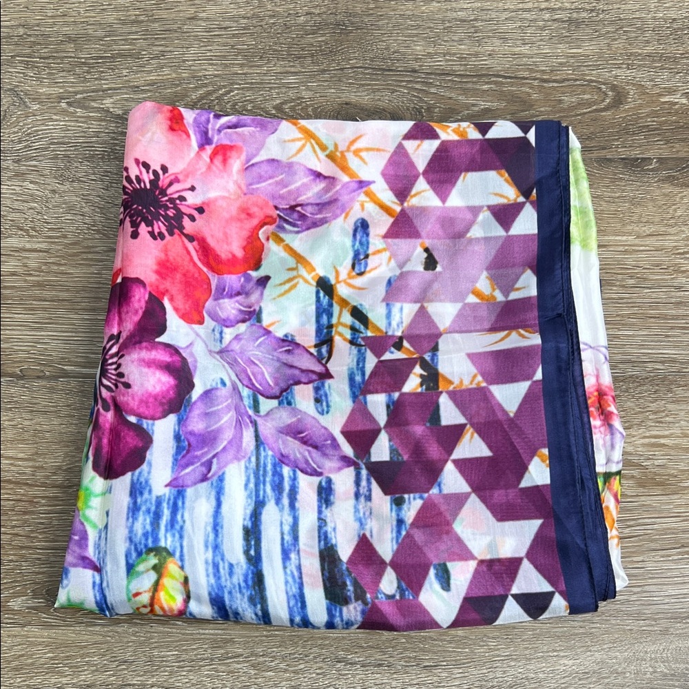 Scarflings 100% Silk Art-Print Scarf – Floral & Geometric Patchwork (One Size)